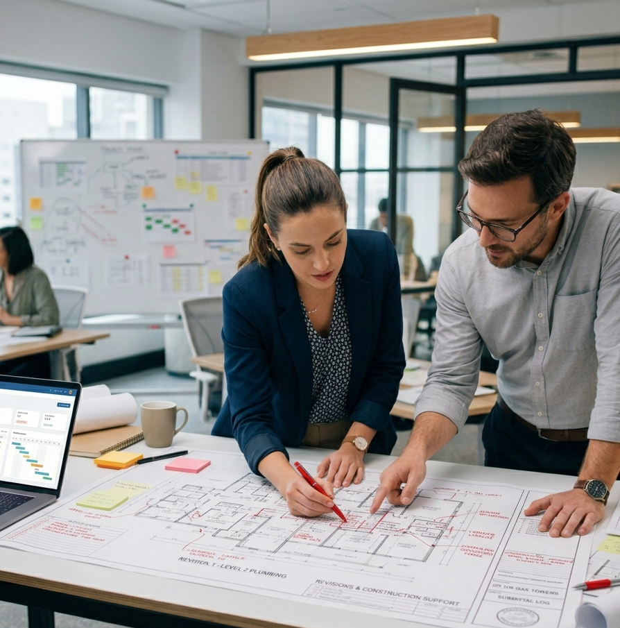 A woman and a man reviewing a floor plan