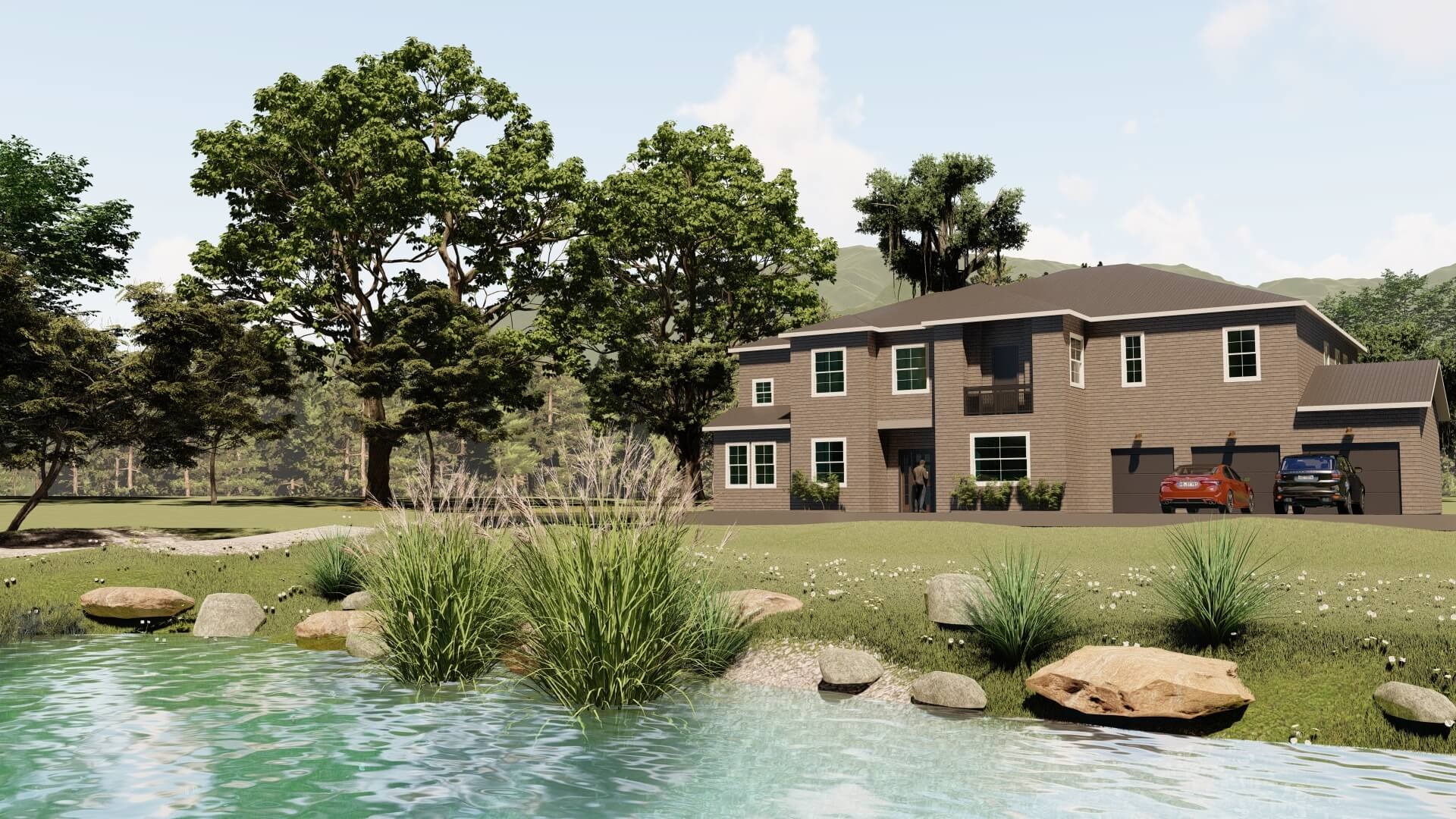 3D architectural render showing the front exterior of a two-story beige home with a three-car garage, parked vehicles, and a pond shoreline in the foreground