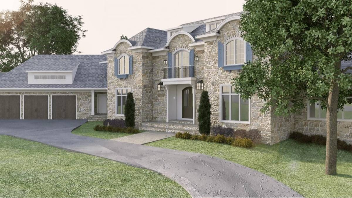 3D architectural render of a two-story stone luxury estate featuring light blue window shutters, a three-car garage, and a curved concrete driveway