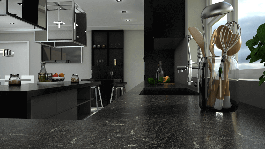 3D interior render of a modern dark kitchen featuring black granite countertops, a kitchen island, and a close-up of utensils in a glass jar
