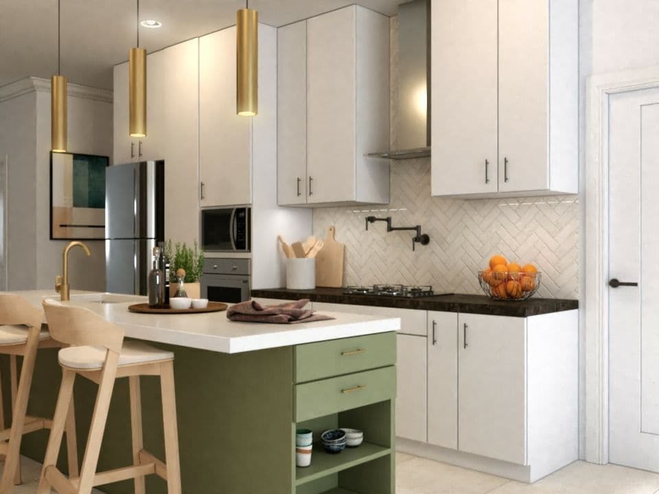 3D interior render of a bright modern kitchen featuring white upper cabinets, an olive green island with seating, gold cylinder pendant lights, and a herringbone tile backsplash